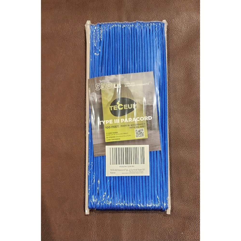 TECEUM 550 Paracord 100ft Type III Nylon Rope Blue Survival Cord NEW